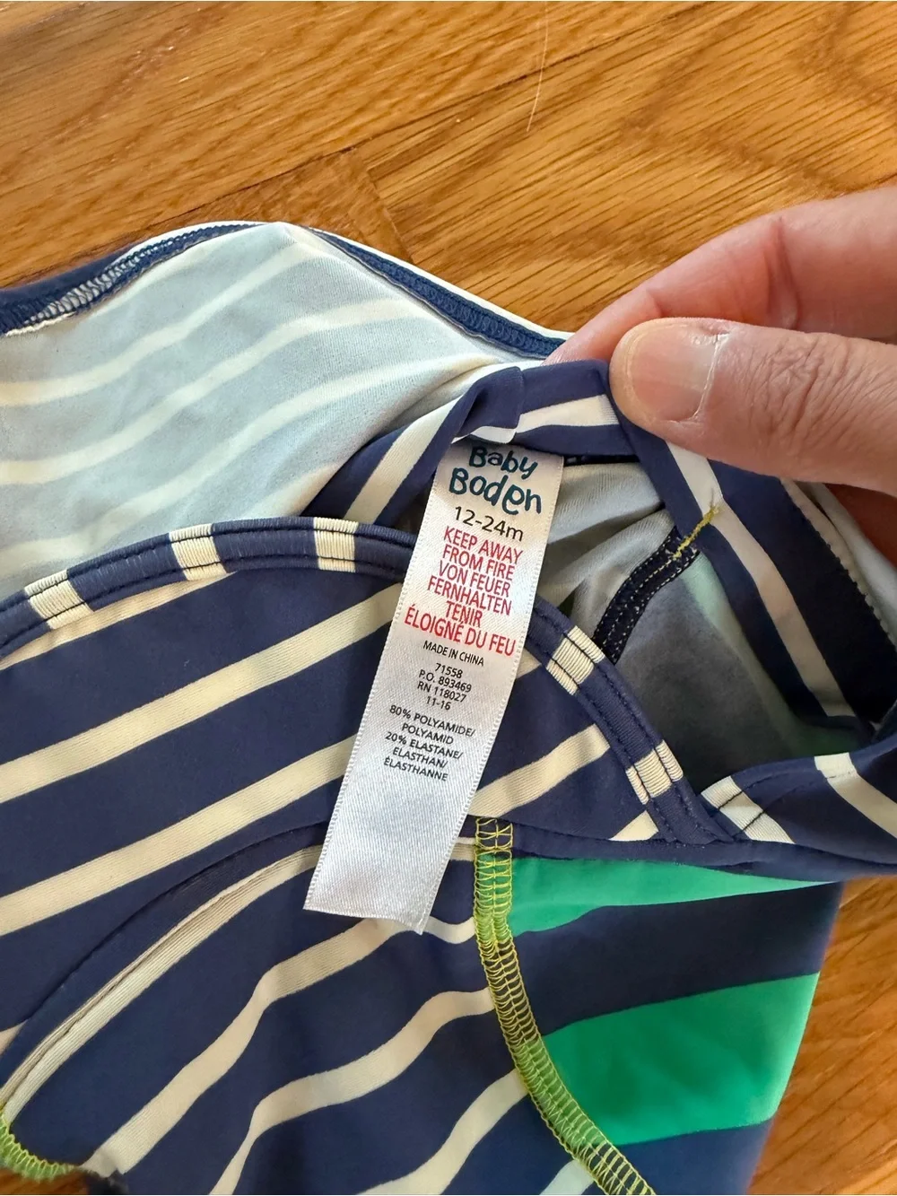Baby Boden Navy and White Striped Swim Hat with Green Trim